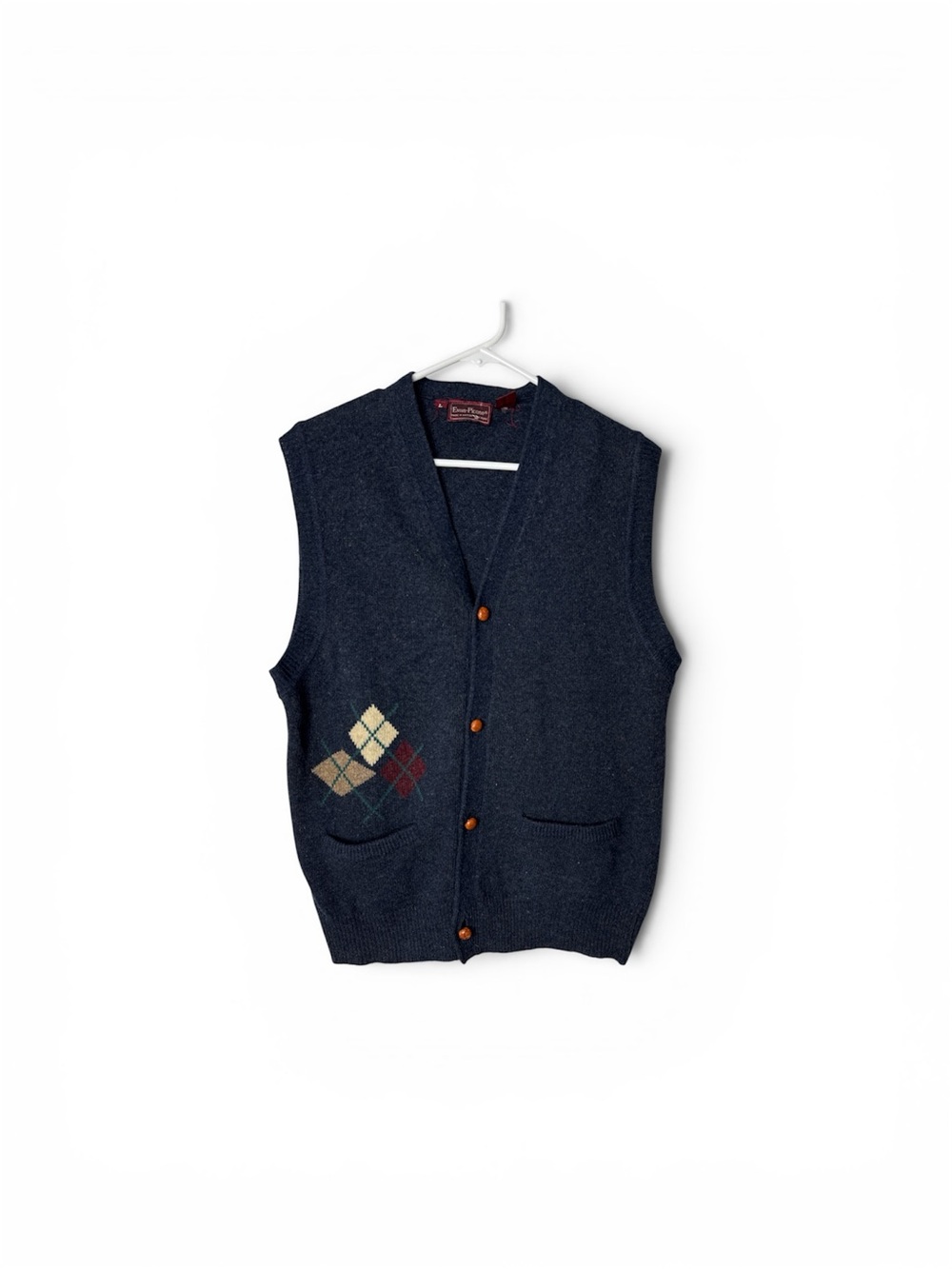 EVAN-PICONE Vintage Men's Lambswool Knit V-Neck Gray Argyle Button Sweater Vest